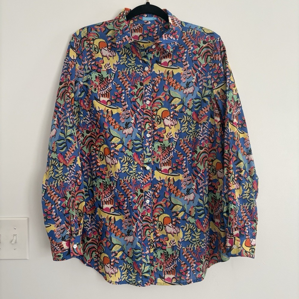 J Mclaughlin Shirt Womens Medium Blue Multi Long Sleeve Button Up Floral Animal